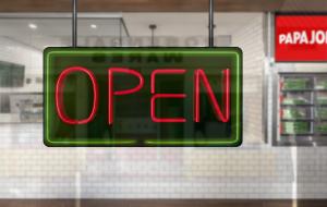 Open sign at Papa Johns restaurant